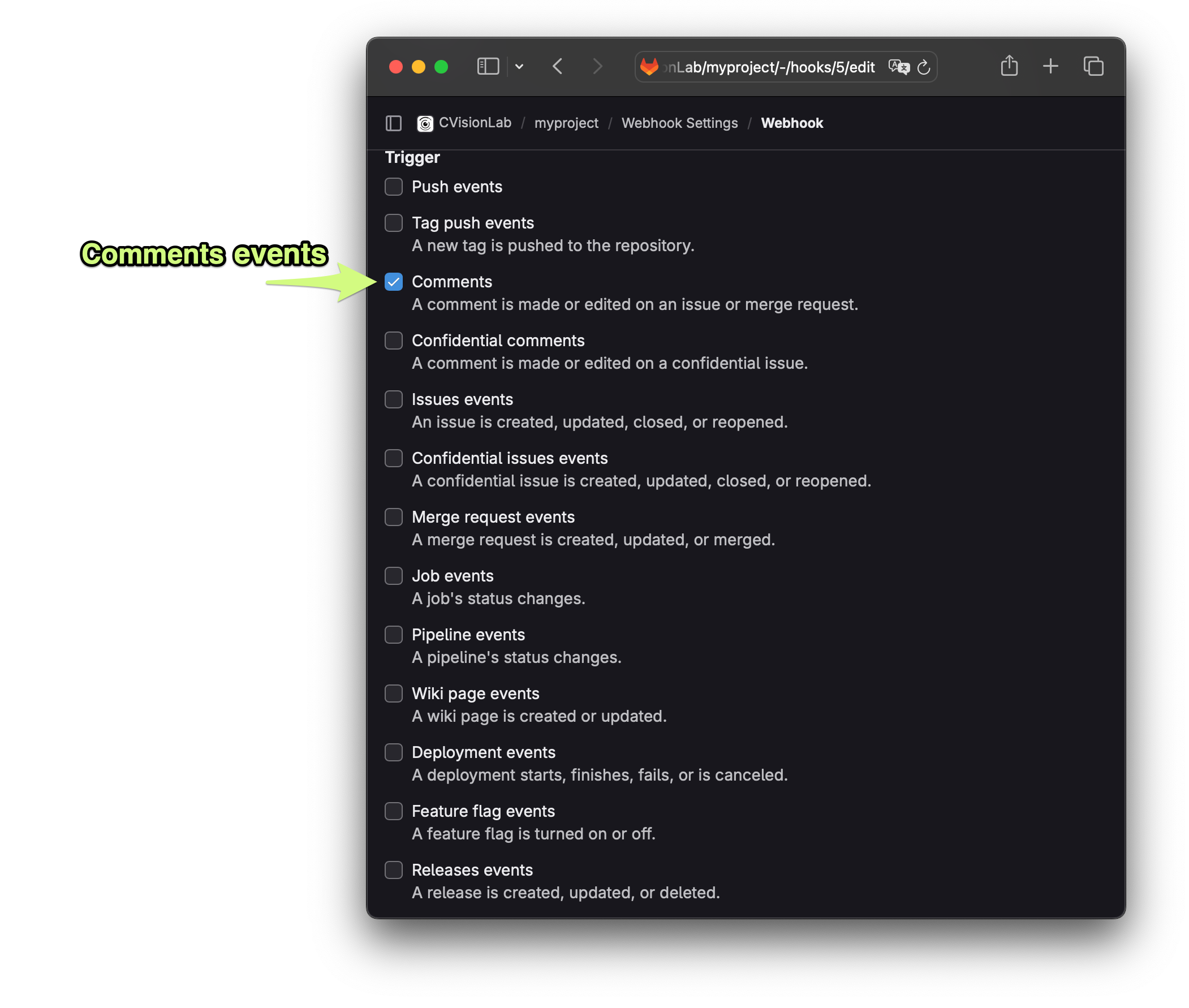 Webhook Comments events configuration